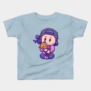 Cute Girl Hug Teddy Bear Cartoon Kids T-Shirt